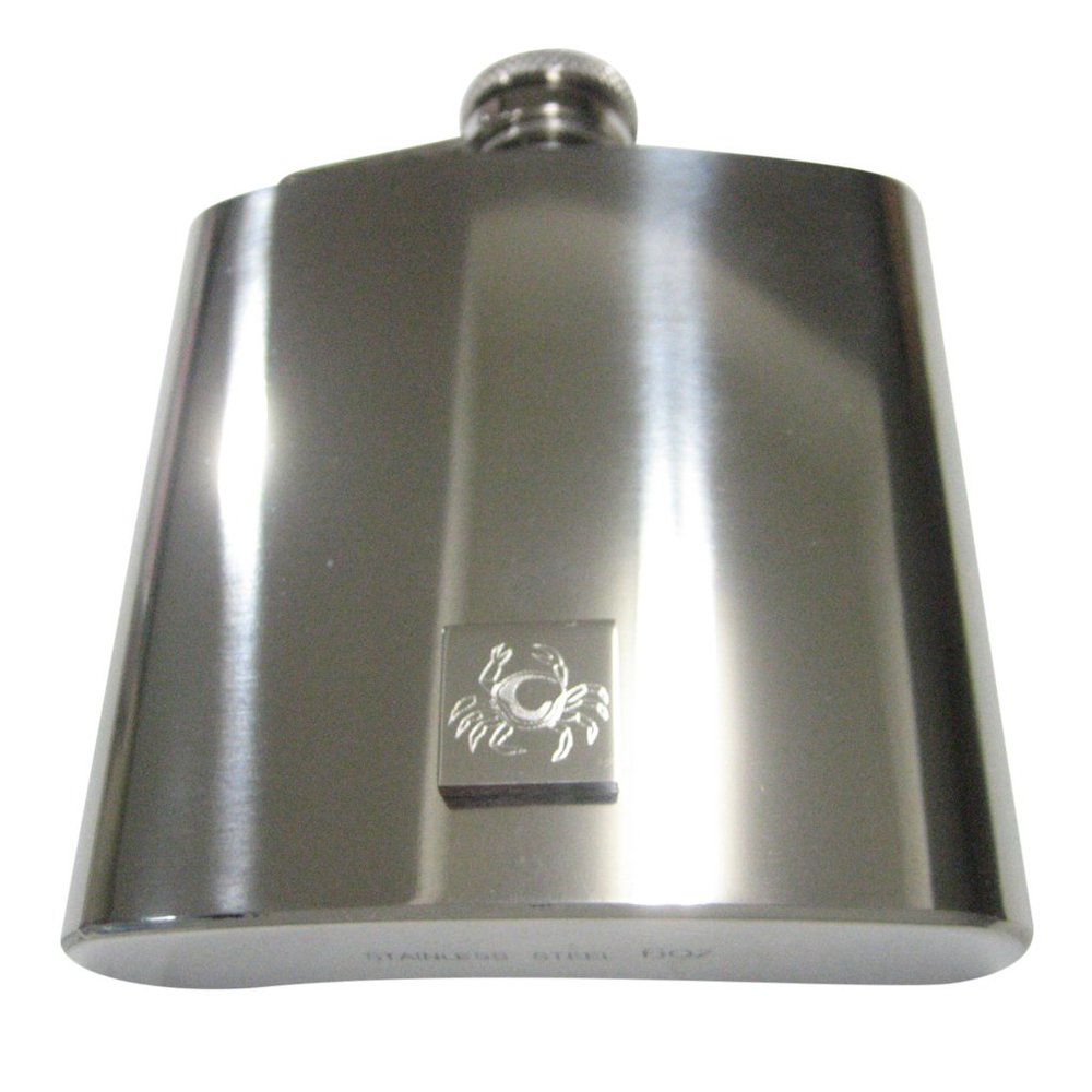 Silver Toned Square Etched Crab 6oz Flask